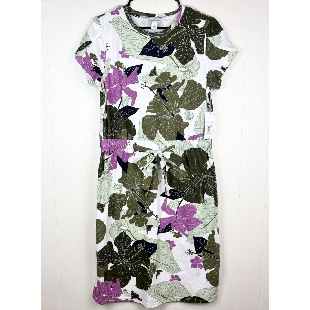 Liz Claiborne LG Dress Tropical Hawaii Casual Green Purple Floral Sundress NEW